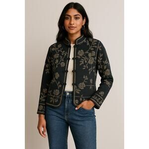 Talbots Size M Black and Gold 100% Merino Wool Cardigan Mandarin Collar Sweater